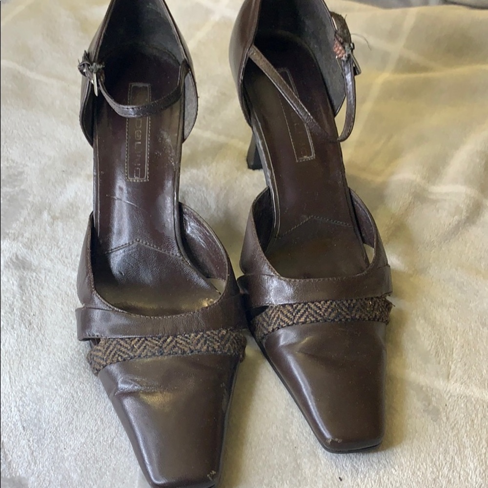 Brown high heel shoes with ankle strap